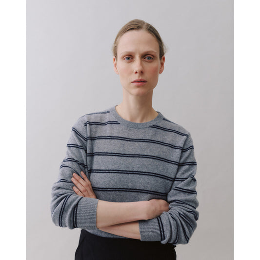 Beta Studios - Noa O-Neck Stripe, Grey Melange/Navy