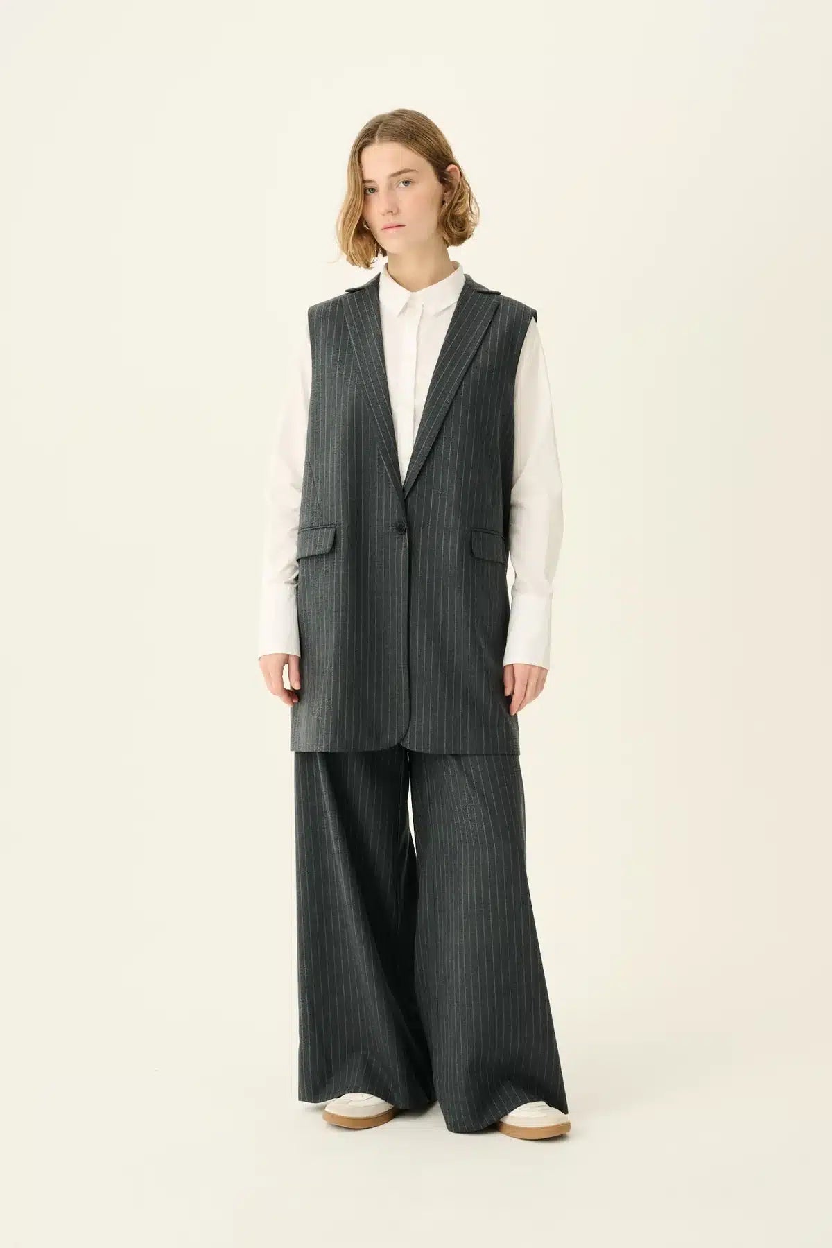 Rue De Tokyo - Papina Wool Pinstripe Pants, Grey Pinstripe