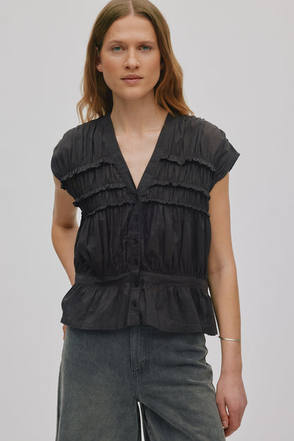 Rabens Saloner - Elenor Voile Frill Top, Liquorice