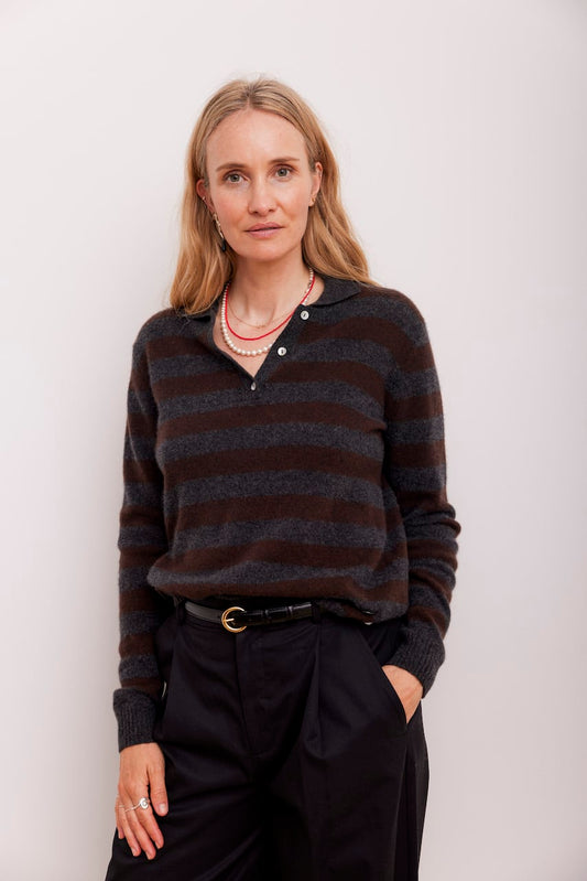 Beta Studios - Lizzie Polo Stripes, Anthracite Grey/Coffee Brown