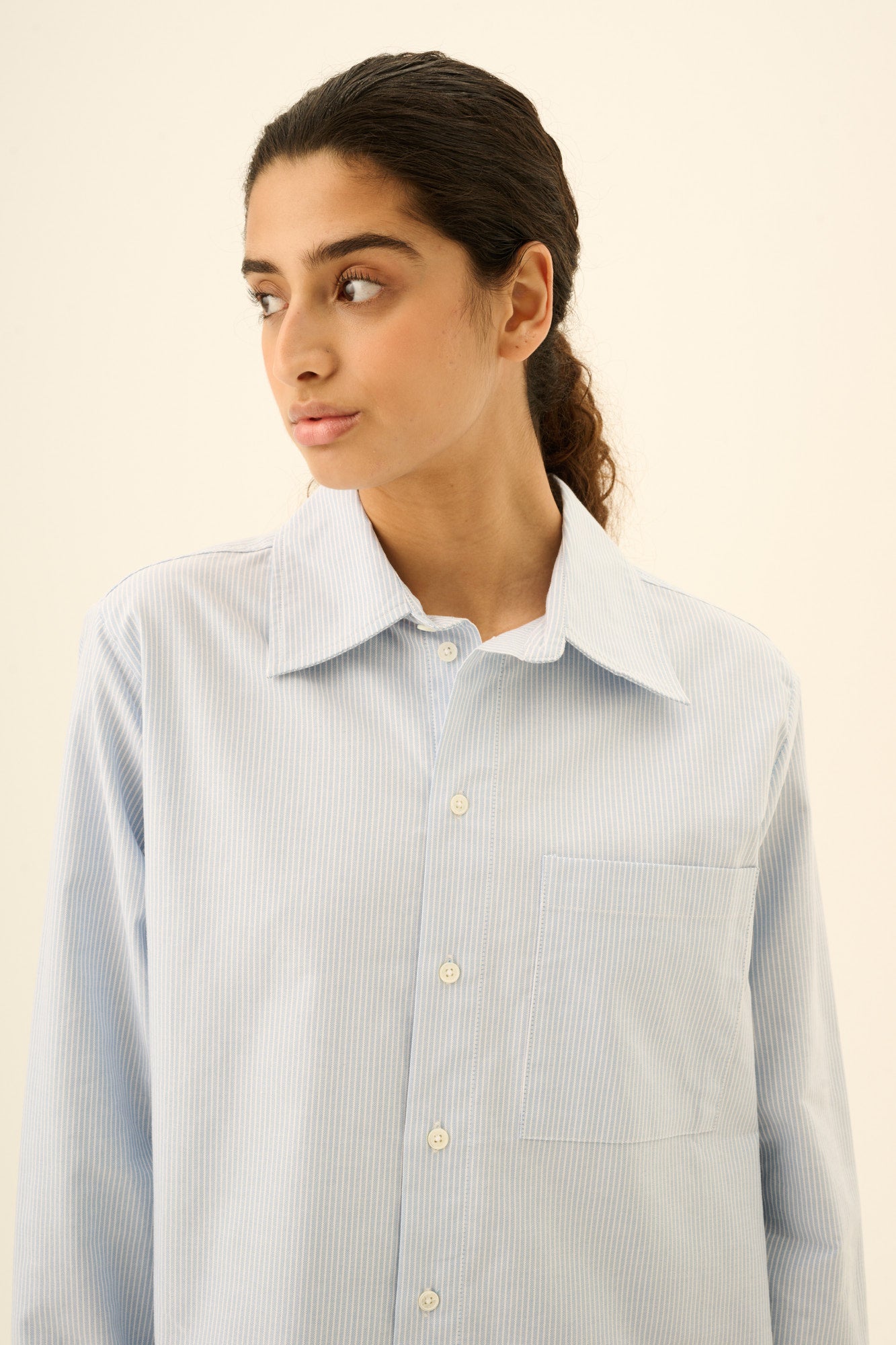 Rue de Tokyo - Sally Striped Oxford Shirt, White/Light Blue Stripe