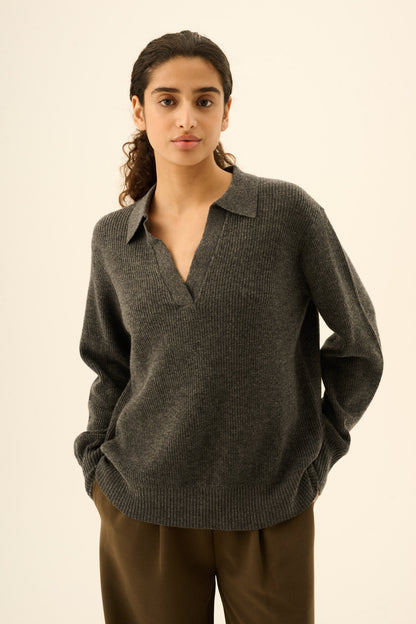 Rue de Tokyo - Keita Merino Cashmere Strikbluse, Dark Grey Melange