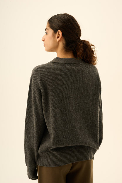 Rue de Tokyo - Keita Merino Cashmere Strikbluse, Dark Grey Melange