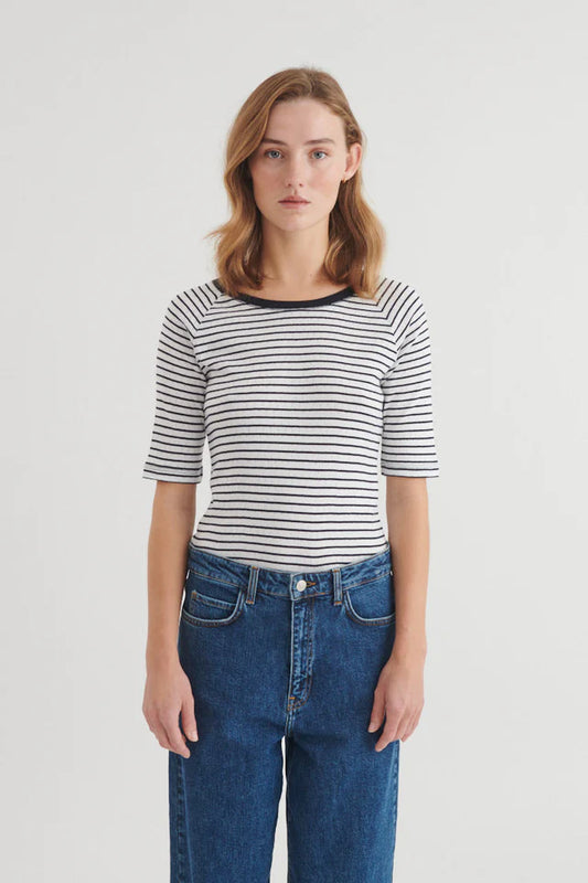 Basic Apparel - Arense Striped Tee, Bright White / Sky Captain