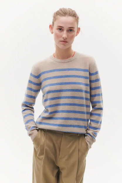 Beta Studios - Bibi Striped O-Neck, Sand Melange/Turtle Dove Blue