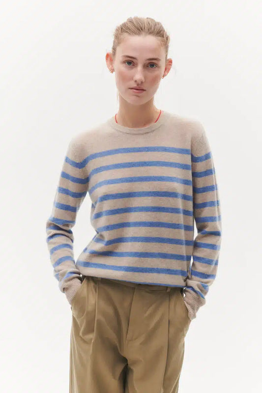 Beta Studios - Bibi Striped O-Neck, Sand Melange/Turtle Dove Blue