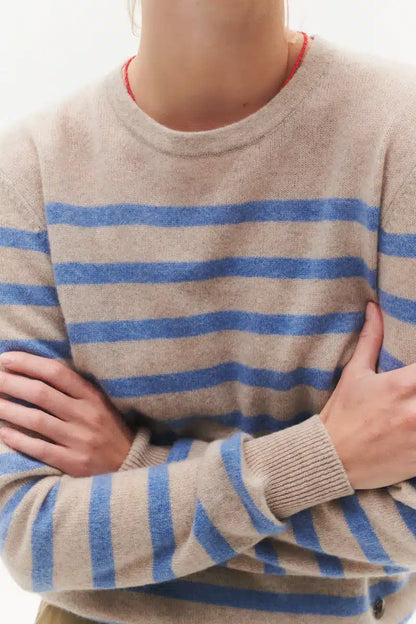Beta Studios - Bibi Striped O-Neck, Sand Melange/Turtle Dove Blue