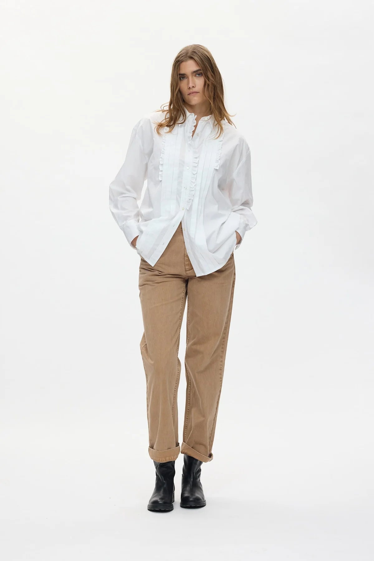 Rabens Saloner - Dim Poplin Front Frill Shirt, White