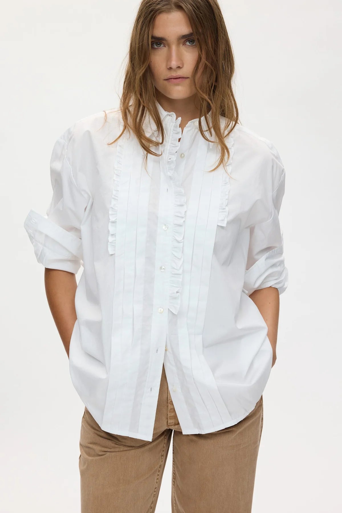 Rabens Saloner - Dim Poplin Front Frill Shirt, White
