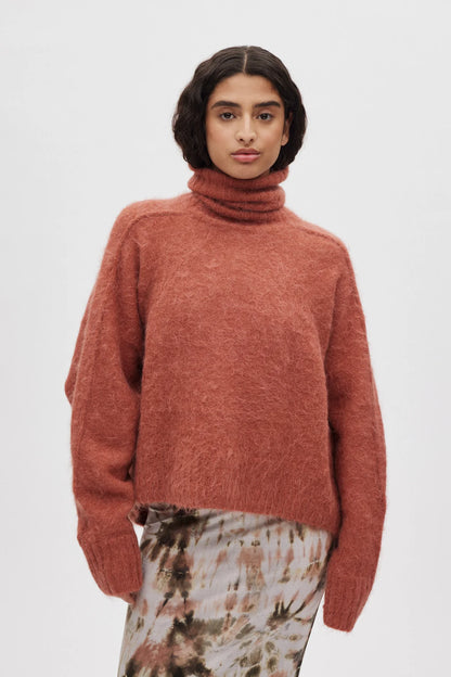 Rabens Saloner - Mabeka Fluffy Knit Funnel-Neck Sweater, Redwood