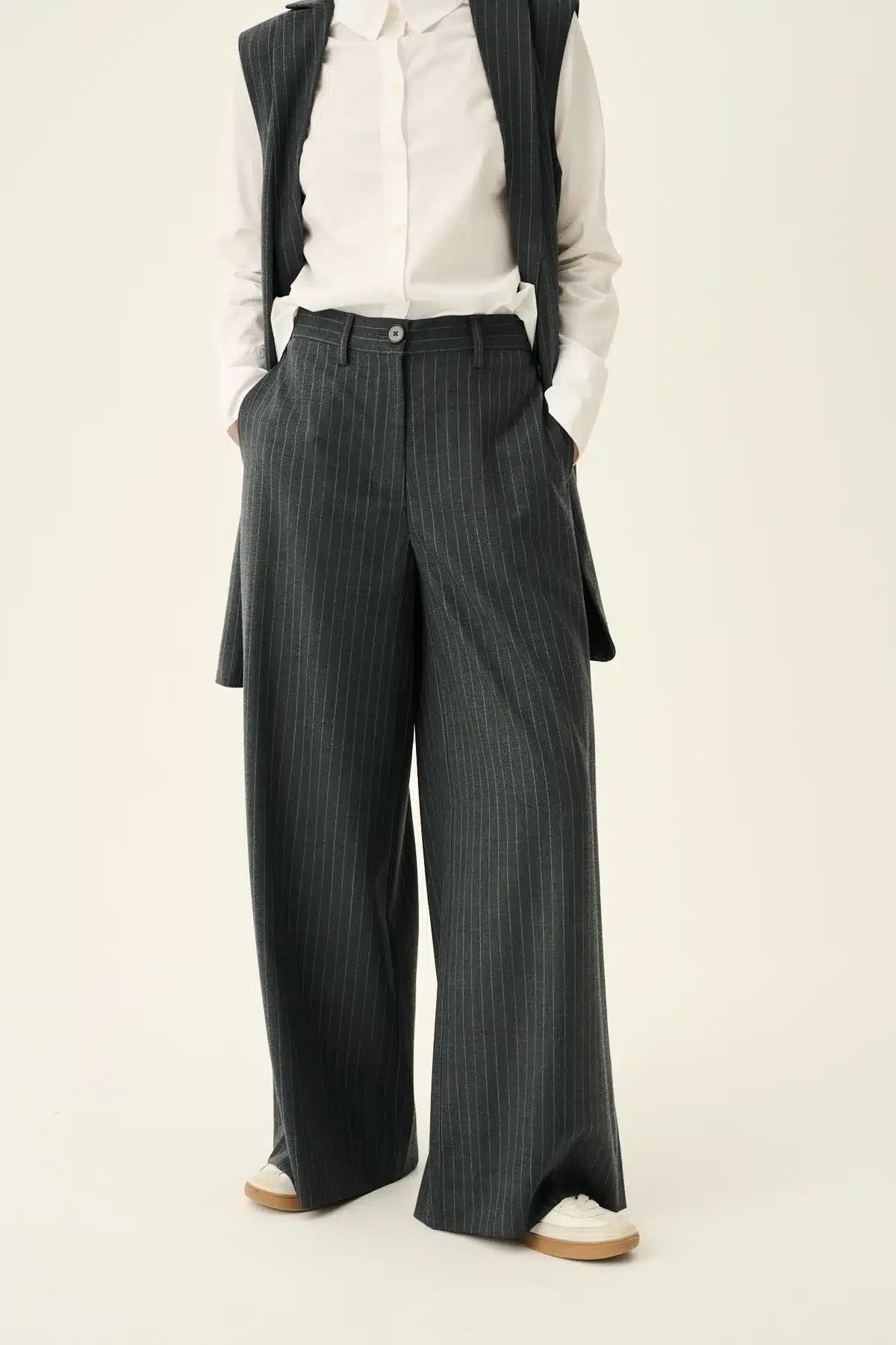 Rue De Tokyo - Papina Wool Pinstripe Pants, Grey Pinstripe