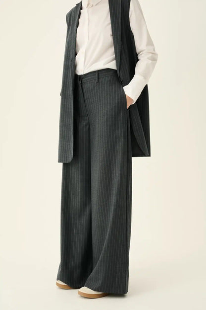 Rue De Tokyo - Papina Wool Pinstripe Pants, Grey Pinstripe