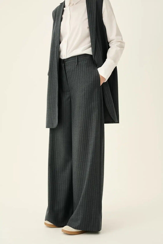 Rue De Tokyo - Papina Wool Pinstripe Pants, Grey Pinstripe